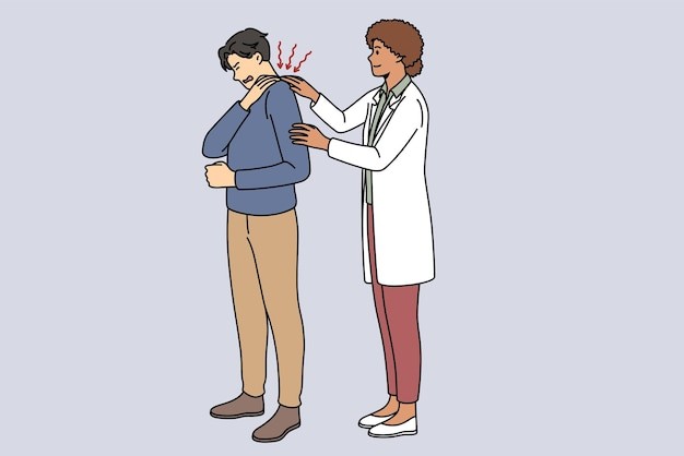 医生为肩膀疼痛的病人检查描边插画