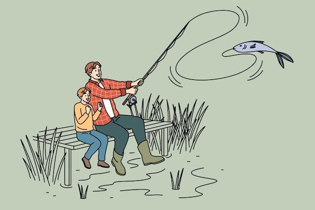 父子一起钓鱼描边插画