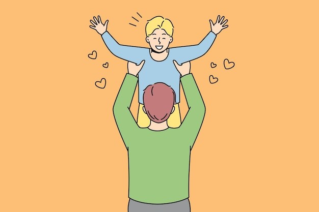 父亲和儿子一起玩耍描边插画