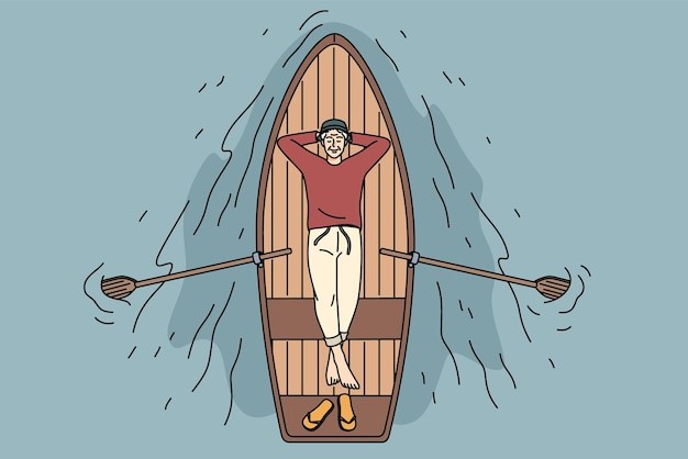 泛舟水上的老人划船描边插画