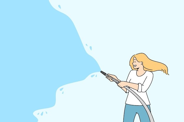 水管浇水的女人描边插画