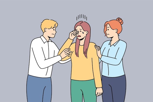 朋友安慰哭泣的女人描边插画