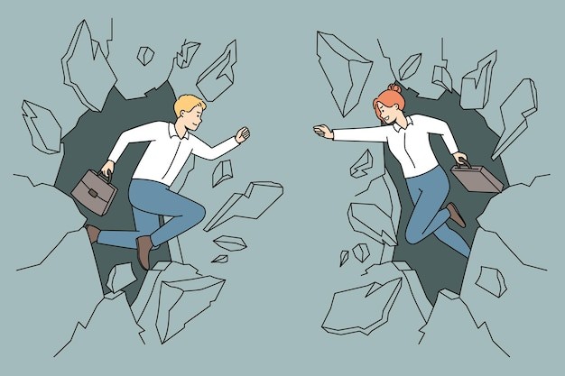 打破墙壁获取成功的商人描边插画