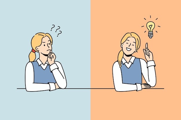 思考得到问题解决方案的女人描边插画