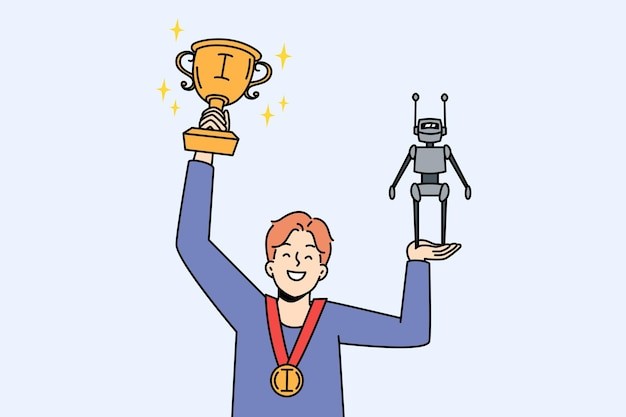 机器人比赛获奖的男孩描边插画