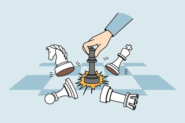 棋局棋盘商场如战场描边插画