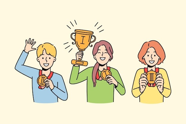 获得奖杯的孩子们描边插画