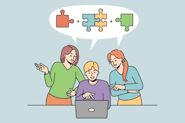 团队讨论团队合作描边插画