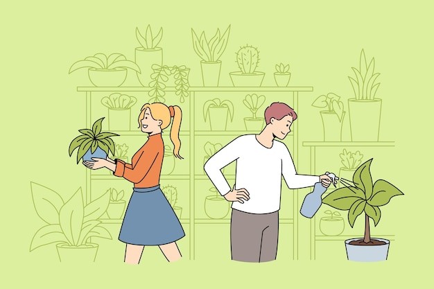 打理盆栽植物的男人女人描边插画