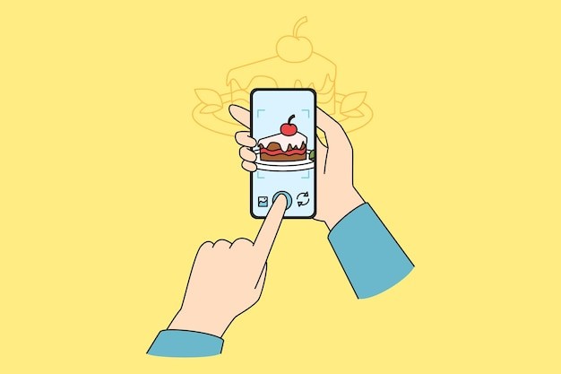 用手机给食物拍照描边插画