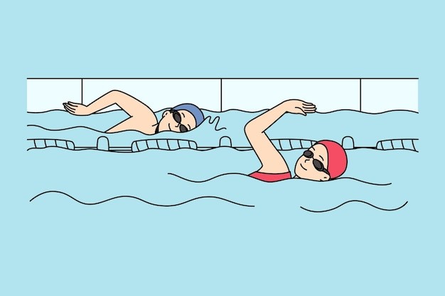 泳池游泳的人描边插画