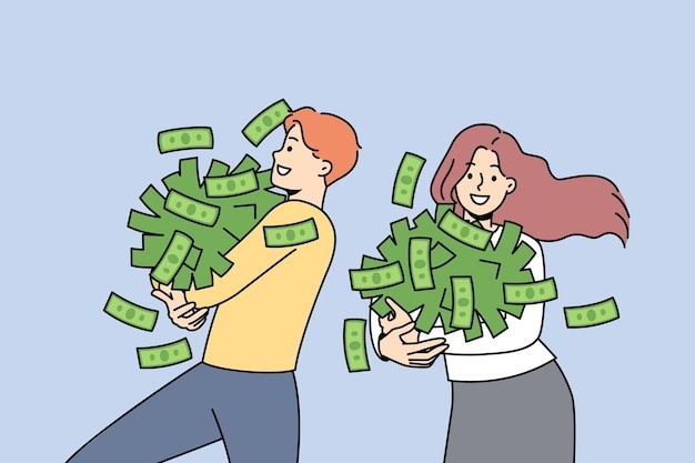 抱着钱兴奋的男人女人描边插画