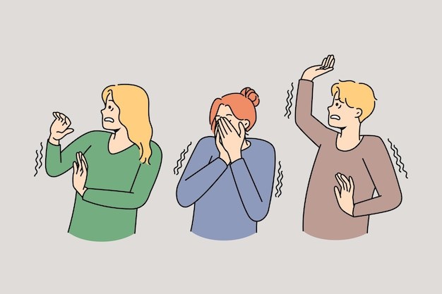 惊慌失措害怕的人们描边插画