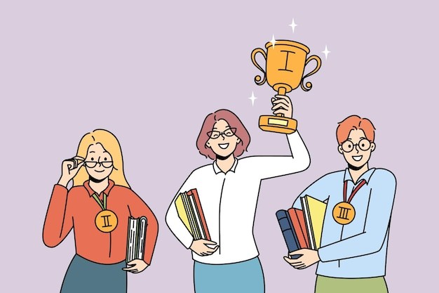 获得奖杯的女人男人描边插画