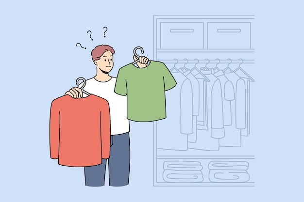 男人在衣橱里选择穿什么描边插画