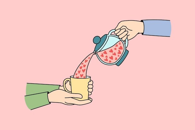 倒茶茶壶杯子描边插画