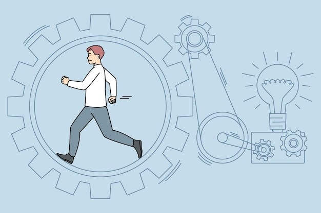 在齿轮上奔跑的男人描边插画