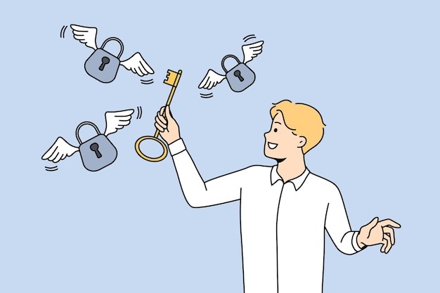 掌握成功秘诀的商人描边插画