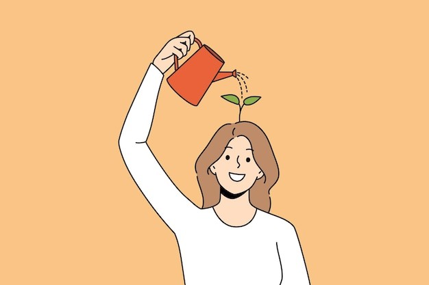 充电思考成长的女人描边插画