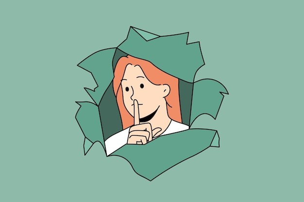 手指放在嘴唇上不要说话嘘女人描边插画