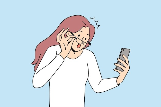 对手机上的信息感到震惊的女人描边插画