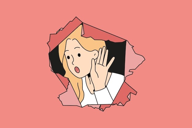 好奇贴耳偷听的女人描边插画