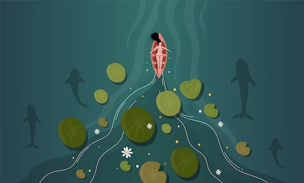 荷花池水面湖面小船泛舟荷叶插画