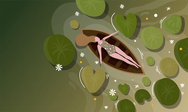 荷花池水面湖面小船泛舟荷叶插画