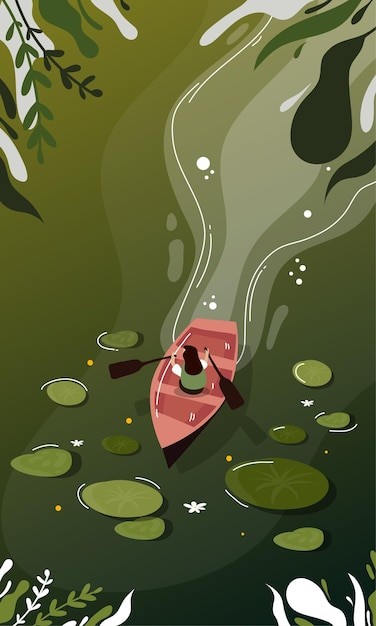 荷花池水面湖面小船泛舟荷叶插画