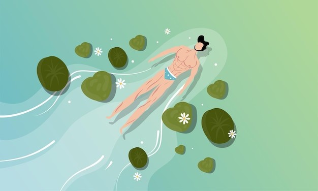 荷花池水面湖面小船漂流荷叶插画