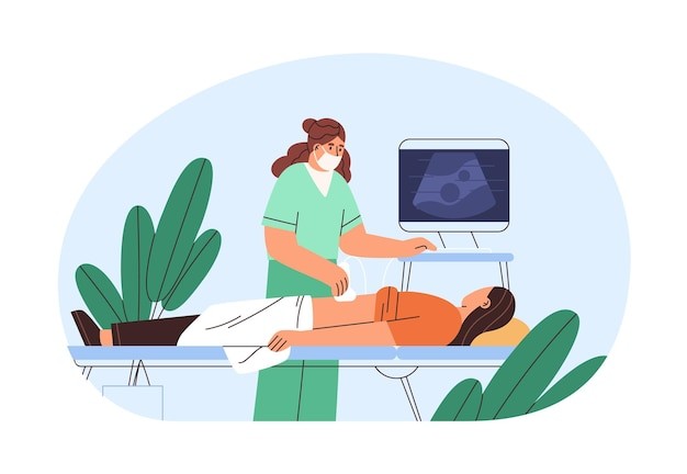 医院病人胃部B超检查插画