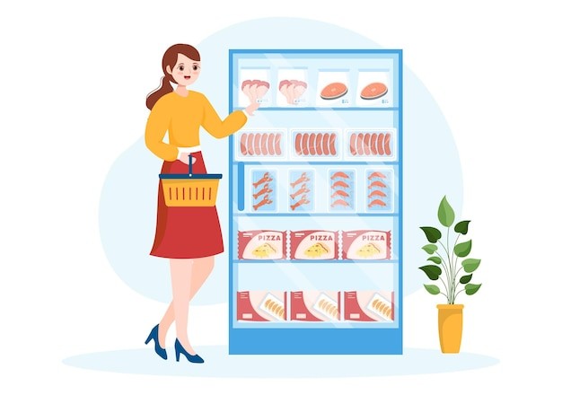 生鲜冰冻水产购物展示柜插画