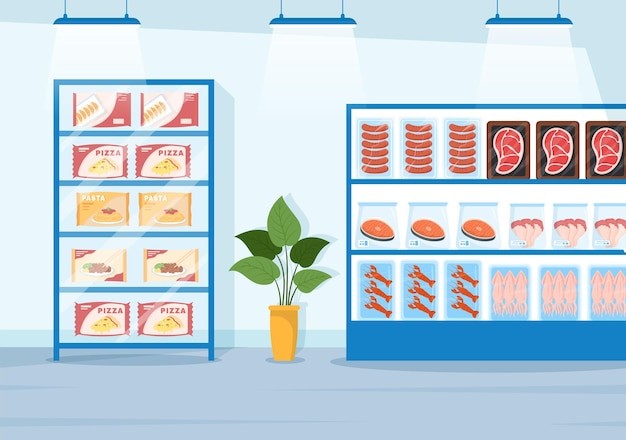 鱼水产海鲜生鲜肉类展示柜店铺插画