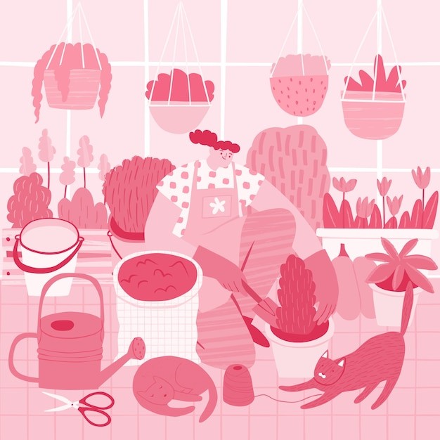 室内花艺种植盆栽插画