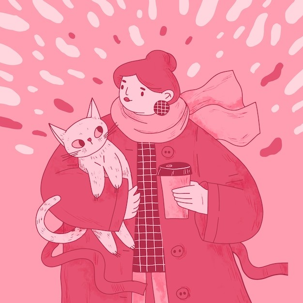 抱着猫的女人插画