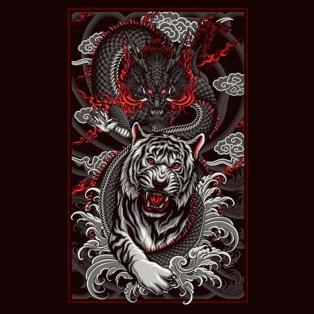 龙虎斗中国风插画