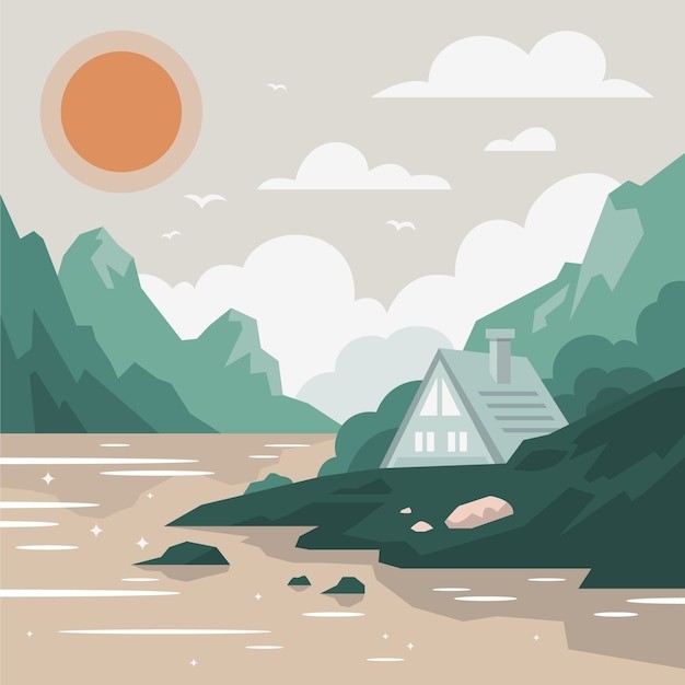 自然湖泊山水风景插画