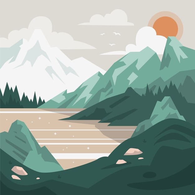 自然湖泊山水风景插画