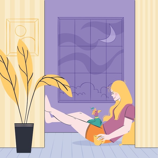 女人和宠物在一起生活插画