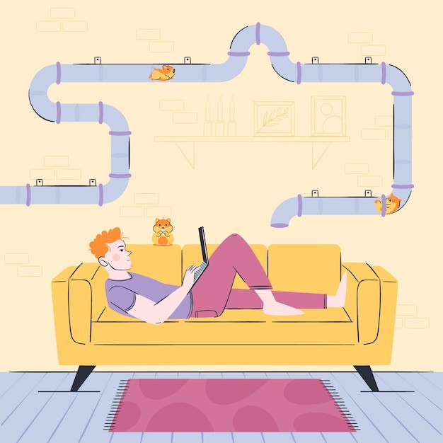 男人和宠物在一起生活插画