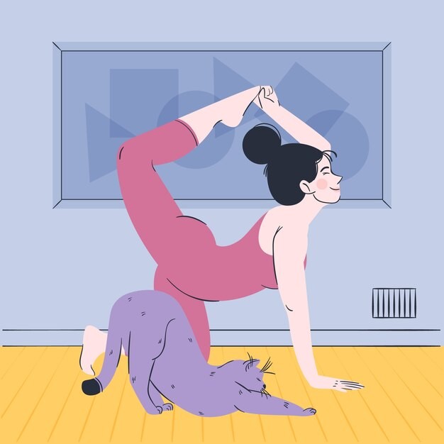和宠物一起做瑜伽的女人生活插画