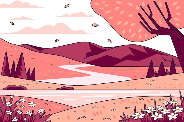 手绘自然风景美丽的大自然插画