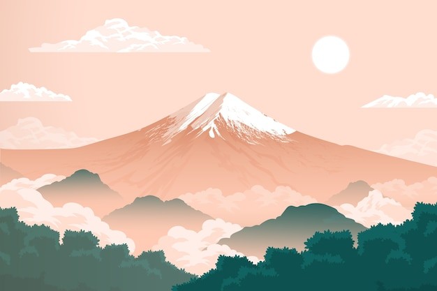 手绘自然风景美丽的大自然富士山插画