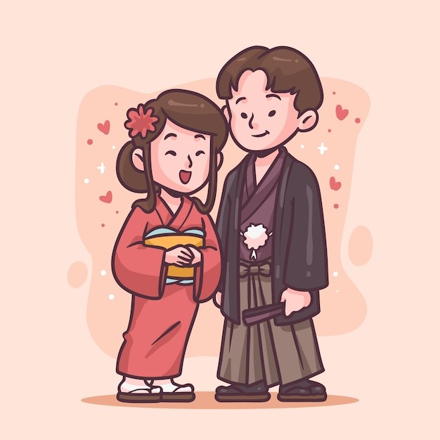 日本传统服饰男女情侣夫妻插画