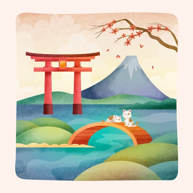 日本日式风格猫鸟居富士山插画
