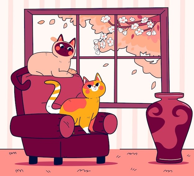 日式猫室内场景插画