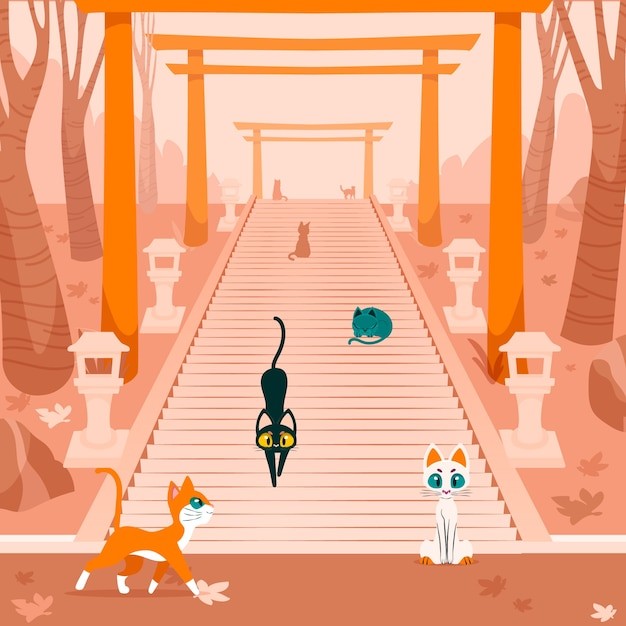 日式猫风景鸟居插画