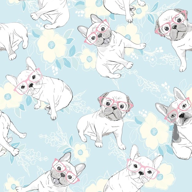 狗斗牛犬无缝花纹图案