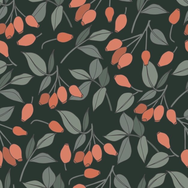 玫瑰果树枝复古无缝平铺图案花纹