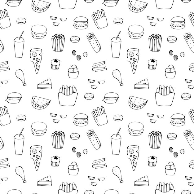 手绘食物快餐无缝平铺图案花纹